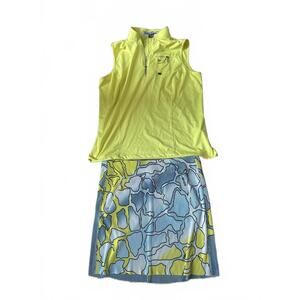 Jamie Sadock Women's Golf Outfit - Sporty Yellow Top & Blue Printed Skirt